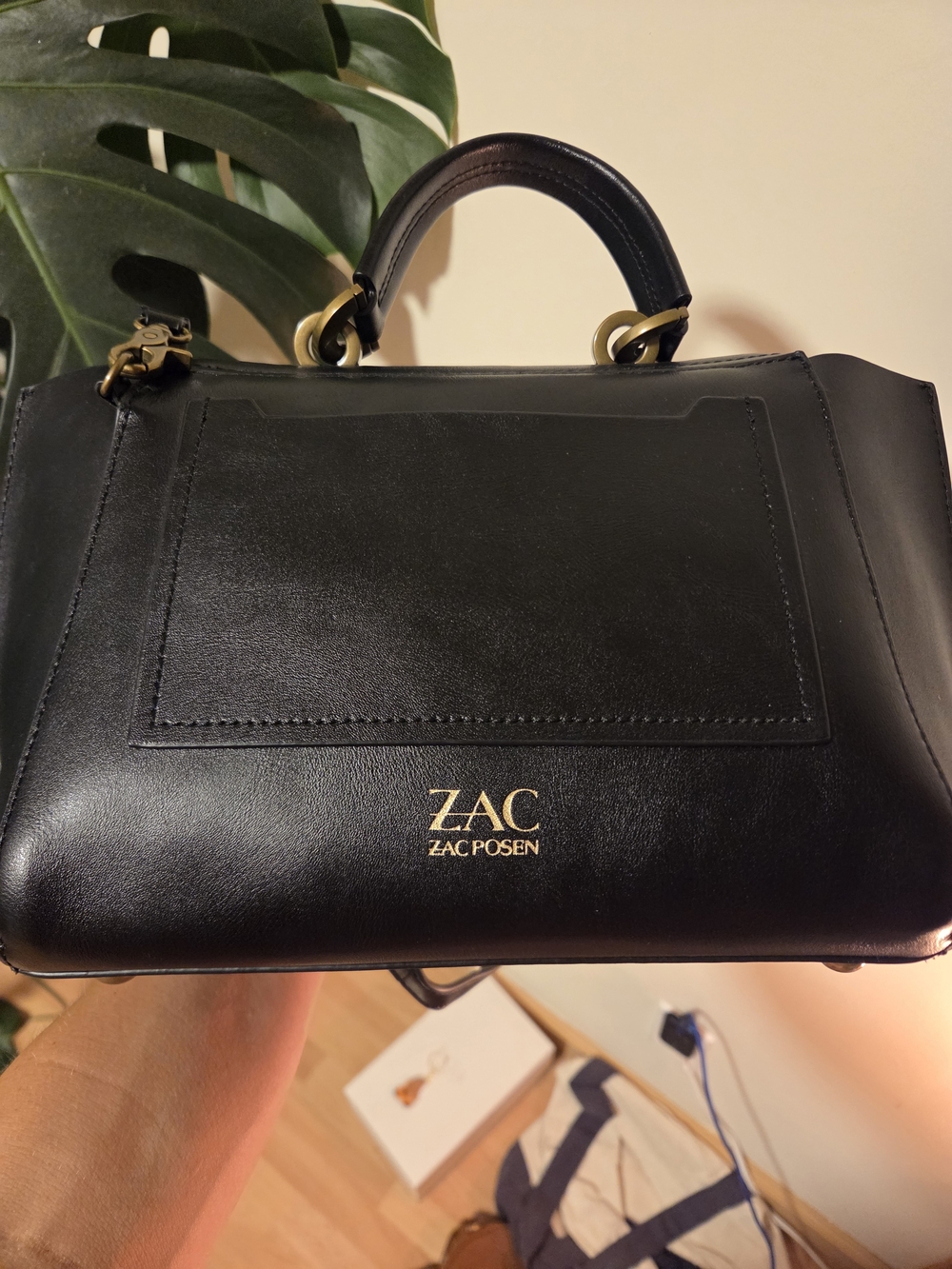 Zac Posen Eartha Style Black Leather Top Handle Crossbody Bag Turn Lock